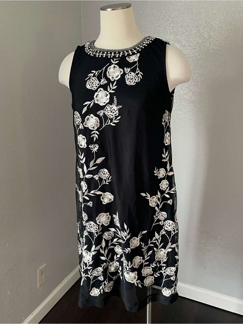 Roz & Ali Black Mini Dress with White Floral Embroidery and Jeweled Neckline